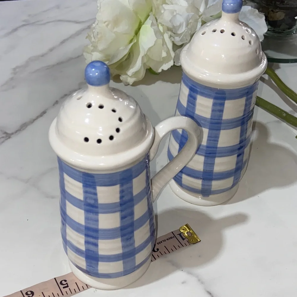 Country Living Blue and White Checkered Ceramic Salt and Pepper Shakers